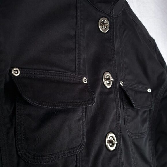 Chicos Field Coat Womens 1 Small Black Metal Twist Closure Flip Cuff Utility - Picture 3 of 16